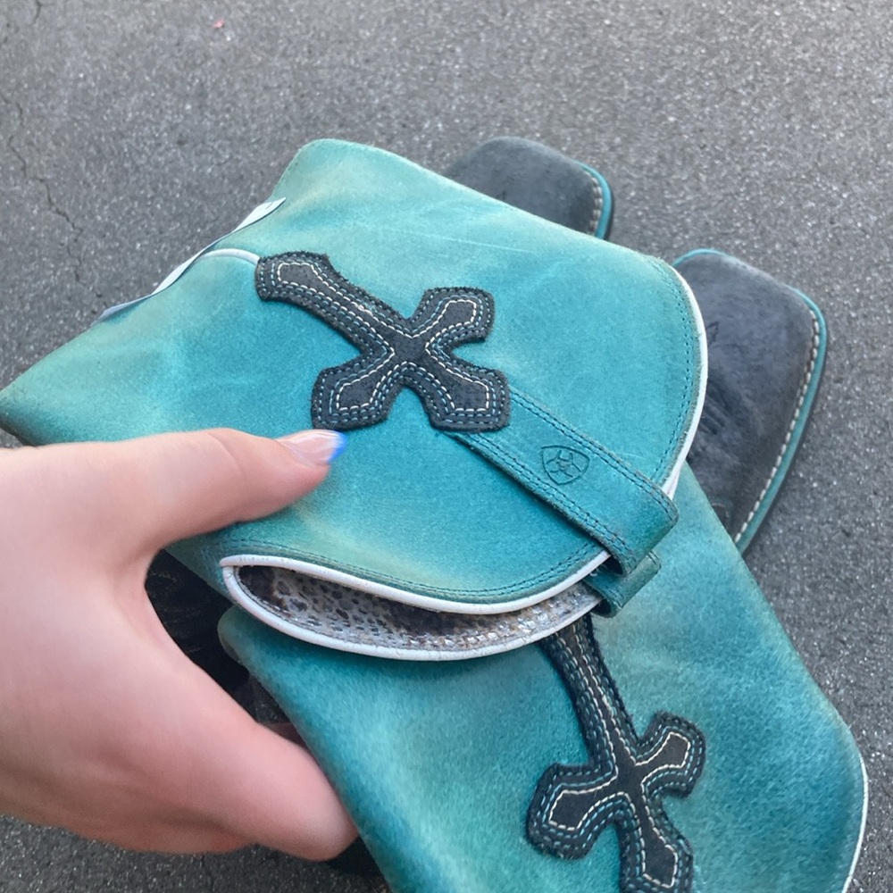 Teal and black womens boots with Black Cross Design